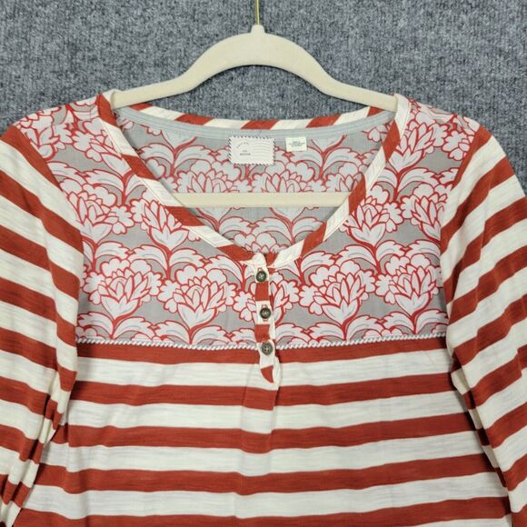 POSTMARK Anthropologie Red Floral Striped 3/4 Sleeve Henley Tee SIZE MEDIUM - Picture 4 of 13